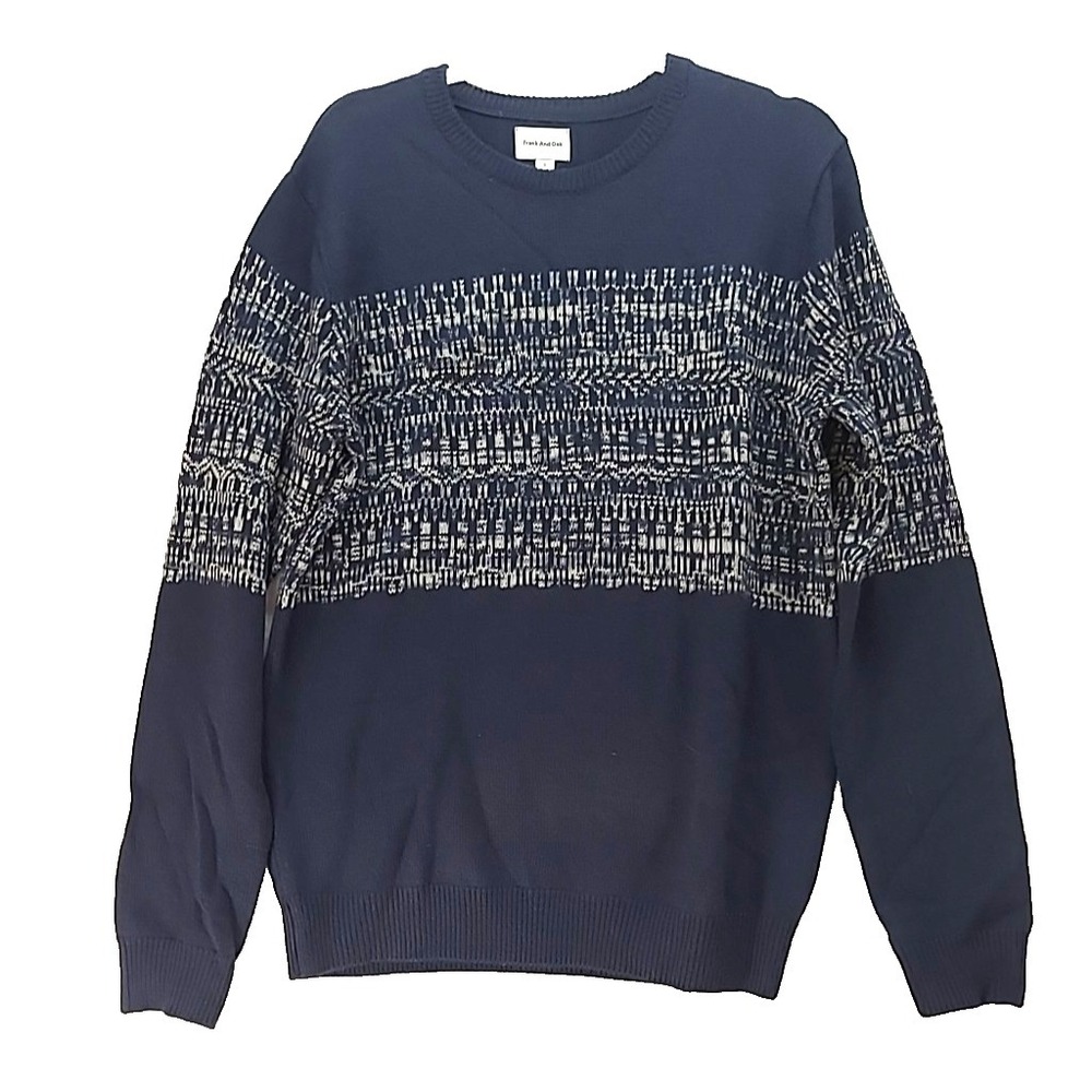 Frank and Oak Mens‎ Sweater Loose Fit Crewneck Fair Isle Blue large